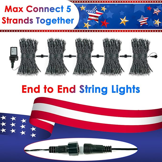 4th of July 95FT 240LED Red White and Blue String Lights, Extra-Long Connectable Led Twinkle Lights Waterproof with 8 Modes Memory, Independence Day Decoration