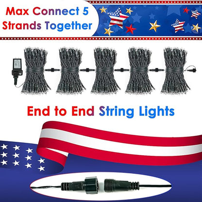 4th of July 95FT 240LED Red White and Blue String Lights, Extra-Long Connectable Led Twinkle Lights Waterproof with 8 Modes Memory, Independence Day Decoration