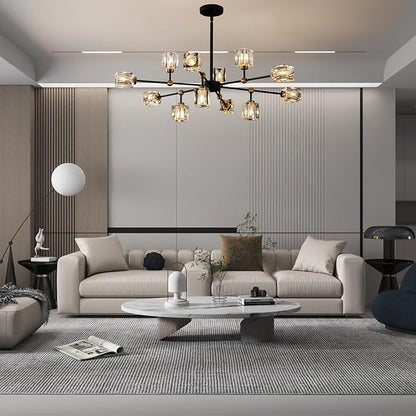 12-Light Black Crystal Chandelier Modern Sputnik Chandeliers for Dining Room Adjustable Height Sputnik Ceiling Light Fixture for Living Room Kitchen Island Bedroom