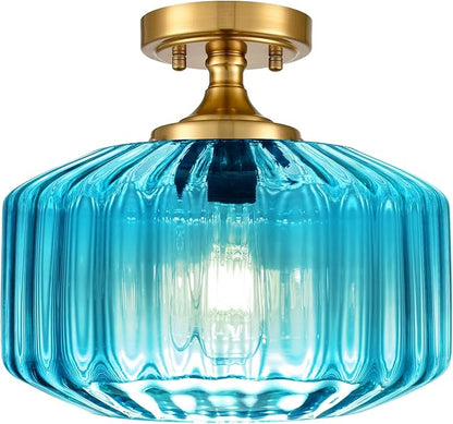11.02" Blue Glass Flush Mount Ceiling Light, Vintage Gold Modern Close-to-Ceiling Fixture for Hallway, Bathroom, Bedroom, Entryway, E26 Compatible (No Bulb)