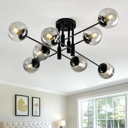 8 Light Glass Globe Ceiling Light Black Mid Century Flush Mount Sputnik Light Fixture Bubble Chandelier Living Room Farmhouse for Dining Room Kitchen Bedroom.