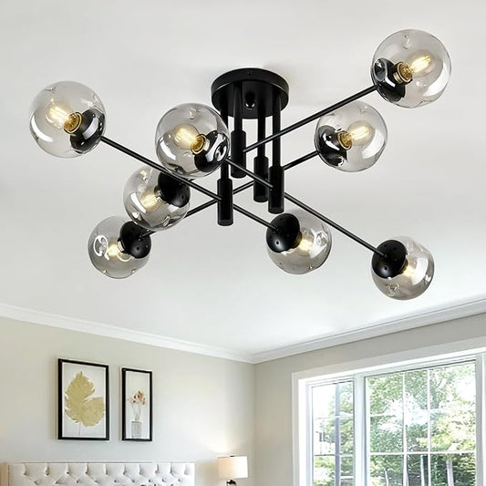 8 Light Glass Globe Ceiling Light Black Mid Century Flush Mount Sputnik Light Fixture Bubble Chandelier Living Room Farmhouse for Dining Room Kitchen Bedroom.