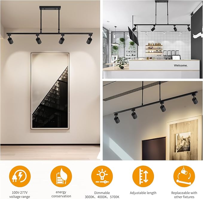 4-Pack Adjustable LED Track Lighting System - Black Ceiling Mount Spotlights with 360° Rotation for Kitchen, Bathroom, Dining Room & Hallway, Easy Install Modern Home Lighting Fixtures