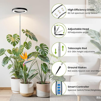 Kullsinss Black Grow Lights for Indoor Plants, Full Spectrum LED Plant Grow Light with 6/12/16H Timer, 3 Color Modes, 5 Brightness, 10"-65" Height Adjustable Growing Lamp for Indoor Plants (2 Pack)