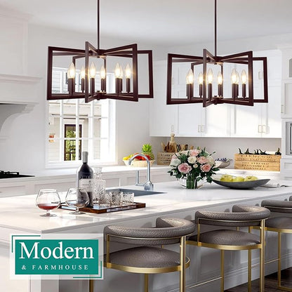 8-Light Oil-Rubbed Bronze Chandelier, Farmhouse Dining Room Light Fixture, Modern Chandelier, Geometric Industrial Metal Hang Lighting Fixture for Foyer Entryway Kitchen Over Table Hallway Living Room