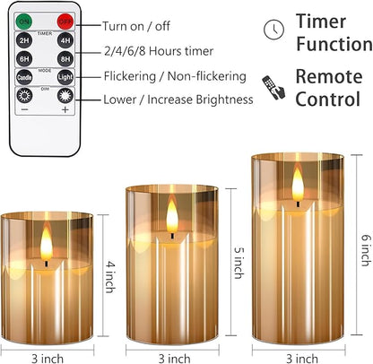 VIEWELLD Glass Flameless Candles with Remote and Timer, Battery Operated Candles, LED Pillar Candles, Electric Fake Candles, Real Wax Set of 3, Christmas Home Wedding Birthday Decor(Gold)