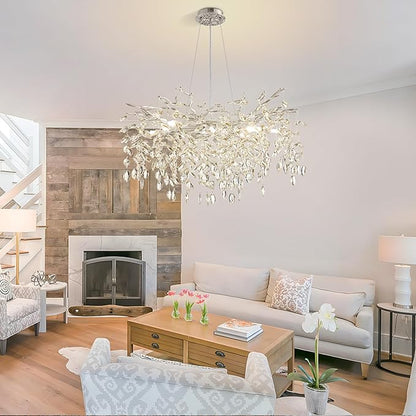 Modern Tree Branch Crystal Chandelier 30" Sliver Luxury Large Pendant Lighting 10-Light Contemporary K9 Crystal Chandeliers for Dining Room Kitchen Living Room Foyer Entryway (Sliver, D30"-Round)