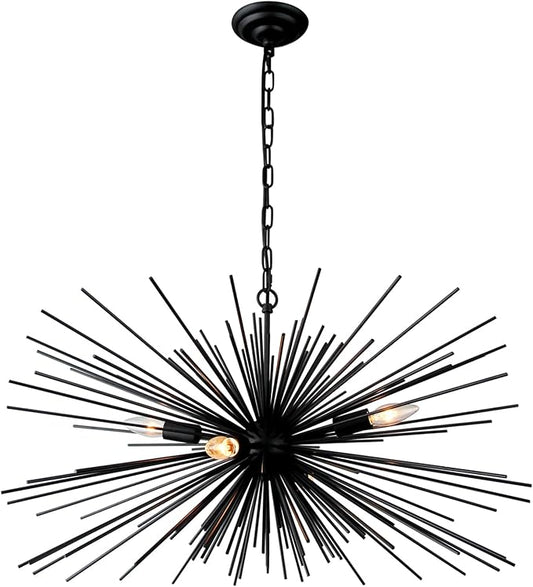 31“ Black Sputnik Chandelier Vintage 4-Lights Geometric Starburst Chandelier Light Fixture Modern Solid Metal Sputnik Chandeliers for Dining Room, Kitchen Island, Bedroom, Living Room, E12