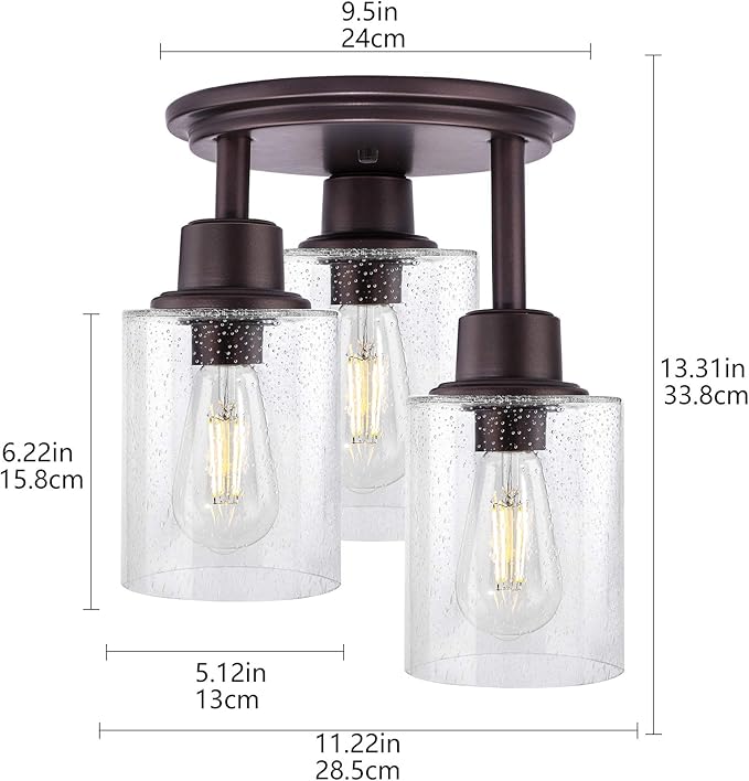 Semi Flush Mount Ceiling Light, 3-Light Close to Ceiling Light Fixtures, Vintage Oil-Rubbed Bronze Finish Kitchen Light Fixture with Clear Seeded Glass Shade Patriot Lighting for Entryway Porch Foyer
