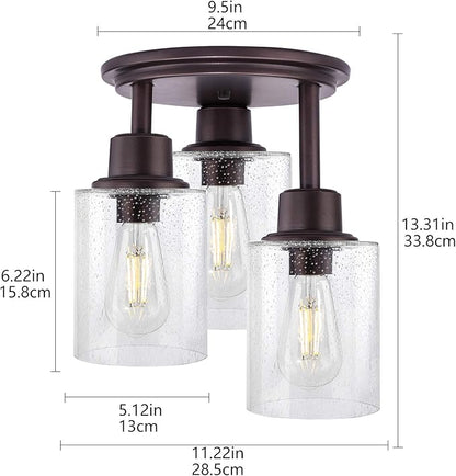 Semi Flush Mount Ceiling Light, 3-Light Close to Ceiling Light Fixtures, Vintage Oil-Rubbed Bronze Finish Kitchen Light Fixture with Clear Seeded Glass Shade Patriot Lighting for Entryway Porch Foyer