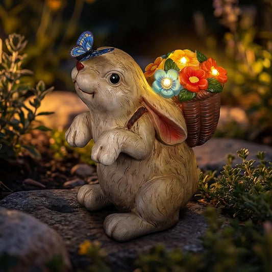 PETAFLOP Solar Garden Statues Outdoor Decor, Rabbit with Flower Basket & Butterfly Birthday for Patio Balcony Backyard Lawn Yard Decorations, Housewarming Gifts for Women, Mom, Grandma