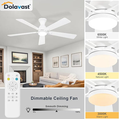 Ceiling Fans with Lights, 60 Inch Low Profile Ceiling Fan with Light and Remote Control, Flush Mount, Reversible, 3CCT, Dimmable LED, Quiet, White Ceiling Fan for Bedroom, Living Room