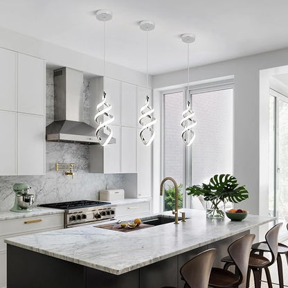 Modern Led Pendant Light Fixture, 15W Chrome Spiral Led Chandelier Hanging Lamp, 4500K Daylight White Pendant Lamp, Adjustable Height Pendant Light for Kitchen Dining Room Bedroom Kitchen Island Cafe