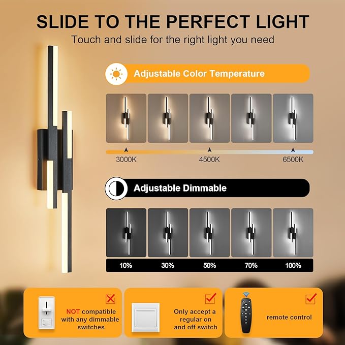 Benkut Modern LED Wall Sconce Black Remote Wall Light Fixtures for Bathroom, Dimmable Vanity Light Indoor LED Remote Wall Sconce for Bedside Bedroom Living Dining Room (27.6inch 3000-6500K 1 Pack)