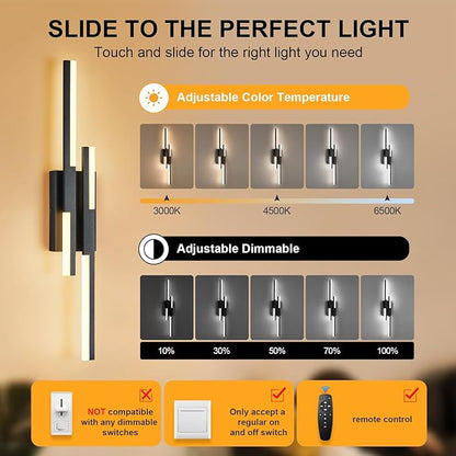 Benkut Modern LED Wall Sconce Black Remote Wall Light Fixtures for Bathroom, Dimmable Vanity Light Indoor LED Remote Wall Sconce for Bedside Bedroom Living Dining Room (27.6inch 3000-6500K 1 Pack)