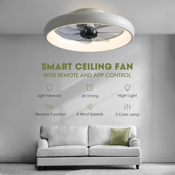 LUDOMIDE Ceiling Fans with Lights and Remote, 20'' Low Profile Flush Mount, 6 Wind Speeds, Modern Dimmable LED Ceiling Fan, Smart Ceiling Fan for Bedroom, Kids Room (White)