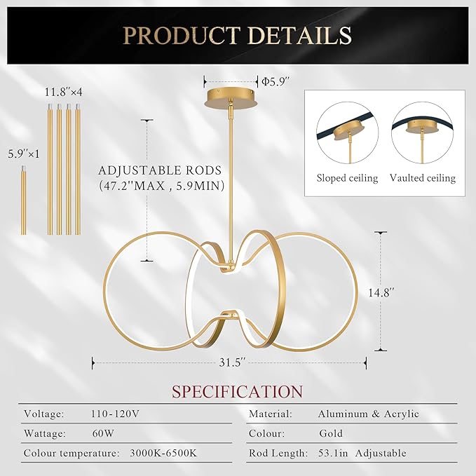 Modern LED Pendant Light Gold Dimmable Circular Chandelier, Kitchen Island Pendant Light Fixture with Remote Control for Dining Room, Kitchen, Entry, Living Room(D31.5 Inch)