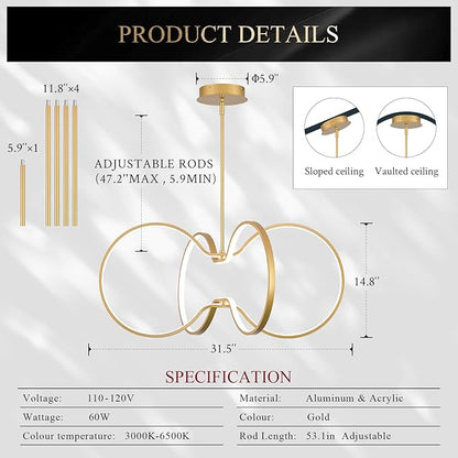 Modern LED Pendant Light Gold Dimmable Circular Chandelier, Kitchen Island Pendant Light Fixture with Remote Control for Dining Room, Kitchen, Entry, Living Room(D31.5 Inch)
