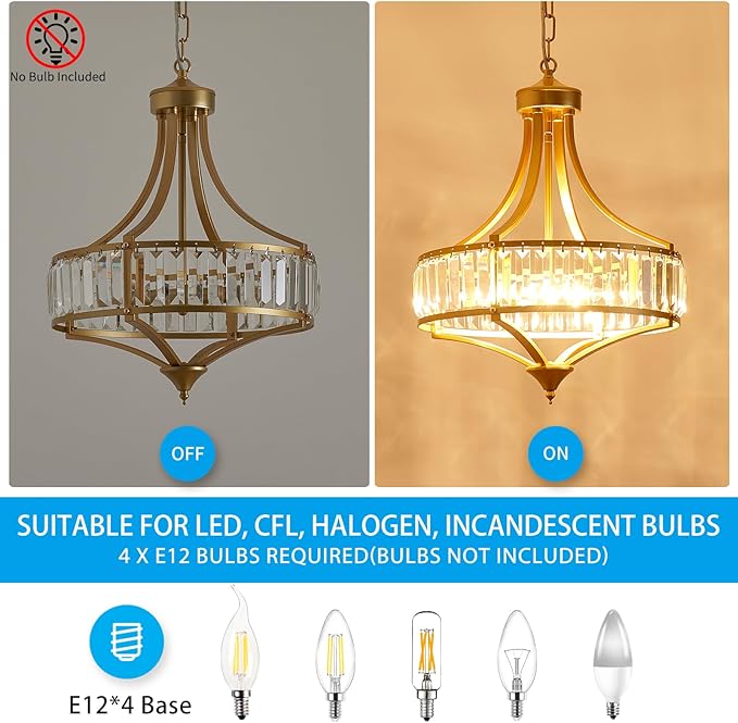 XINGQI 15.7" Modern Dining Room Chandelier Rustic Gold Crystal Lighting Fixture Pendant 4-Light with Round Metal Lampshade for Living Room Kitchen Hallway Bedroom Foyer