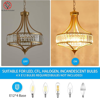 XINGQI 15.7" Modern Dining Room Chandelier Rustic Gold Crystal Lighting Fixture Pendant 4-Light with Round Metal Lampshade for Living Room Kitchen Hallway Bedroom Foyer