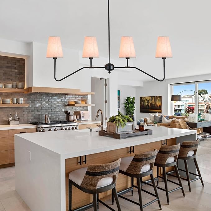 Kitchen Island Lighting,4-Light Modern Linear Chandeliers for Dining Room Light Fixture Over Table Classic Matte Black Pendant Light with Linen Shades 41”W for Kitchen Island Living Room