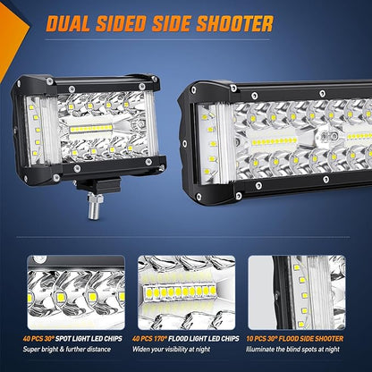 Nilight Side Shooter LED Light Bar Set 12 Inch Triple Row Spot Flood Combo Lights 2PCS 4.3Inch Pods with 5Pin Rocker Switch Wiring Harness Kit for Off-Road Truck ATV UTV Boat