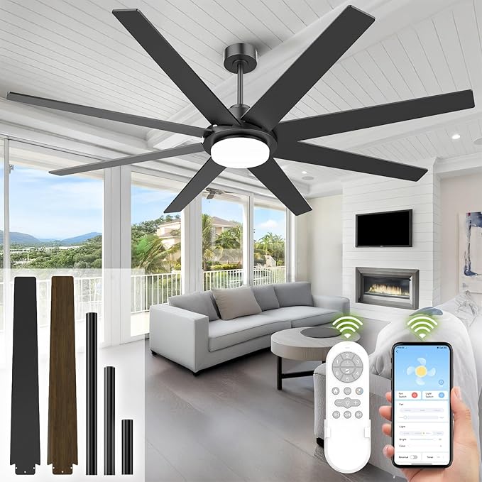 72 Inch Ceiling Fan with Light and Remote Smart App, 8-Blade Large Ceiling Fan for Living Room Patio, Quiet DC Motor Natural Breeze Circulation, Wobble-Free Heavy Duty, 3CCT Dimmable, Black Modern Fan