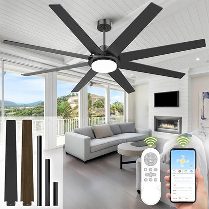 72 Inch Ceiling Fan with Light and Remote Smart App, 8-Blade Large Ceiling Fan for Living Room Patio, Quiet DC Motor Natural Breeze Circulation, Wobble-Free Heavy Duty, 3CCT Dimmable, Black Modern Fan