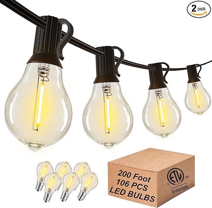DAMAING 200FT LED Outdoor String Lights with 100+5 Shatterproof Edison LED Bulbs A39, Waterproof Commercial Grade Patio String Lights for Outside Porch Backyard Garden Deck Decor, 2200K Dimmable