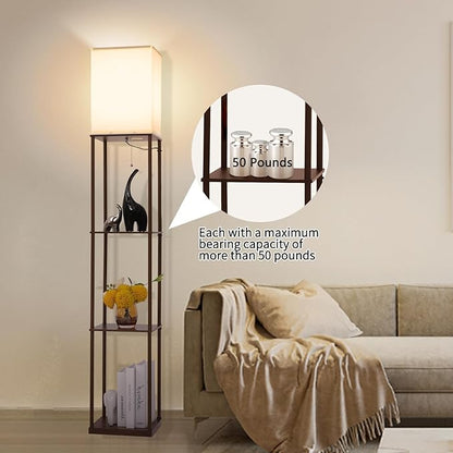 Gupuzm Floor Lamp with Shelves, Modern Square Standing Lamp with 3 Color Temperature Bulb, Corner Display Bookshelf Lamp for Living Room, Bedroom and Office(Brown-2 Pack)