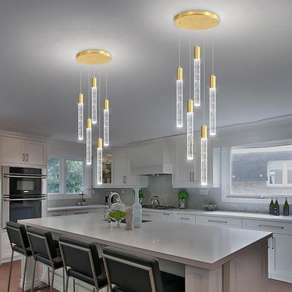 HAIXIANG 5-Lights Chandelier Modern Crystal Glam Light Remote Dimmable Pendant Lighting for Kitchen Island Dining Room Shiny Gold Light