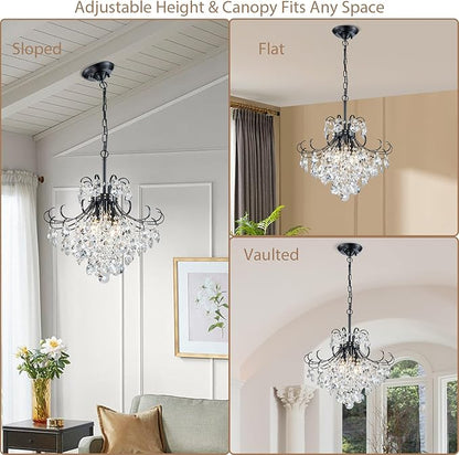 Black Crystal Chandeliers, 4-Light Modern Dining Room Light Fixture, Living Room Bedroom Pendant Ceiling Lamp, Industry Adjustable Hanging Light, H 17.7'' x W 18.1''