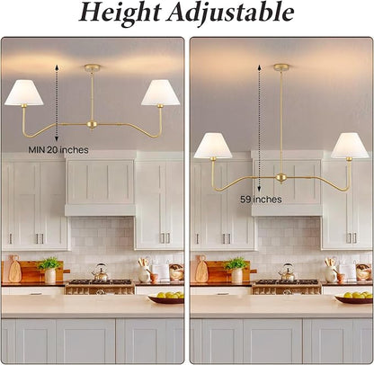2-Light Gold Modern Linear Chandelier, 55 Inch Farmhouse Kitchen Island Lighting with White Fabric Shades, Dining Room Light Fixtures for Living Room Bedroom, Height Adjustable