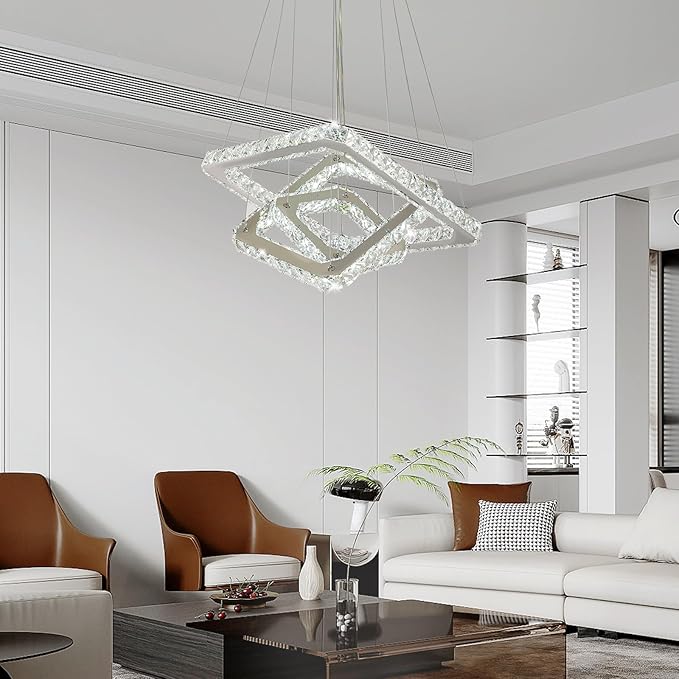 Modern Crystal Chandelier LED Ceiling Light, Square 3-Ring Height Adjustable 47W K9 Crystal Pendant for Dining Room, Living Room, Bedroom, Foyer, Cool White 6000K