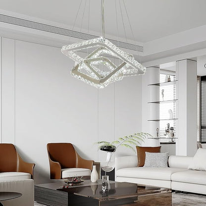 Modern Crystal Chandelier LED Ceiling Light, Square 3-Ring Height Adjustable 47W K9 Crystal Pendant for Dining Room, Living Room, Bedroom, Foyer, Cool White 6000K