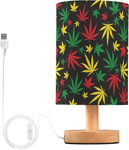 Table Lamp Colorful Marijuana Cannabis Hemp Leaf Red Yellow Green Color Print Nightstand Lamp with Wood Base Fabric Lamp Shade Bedside Desk Lamp for Living Room Bedroom Kids Room Office