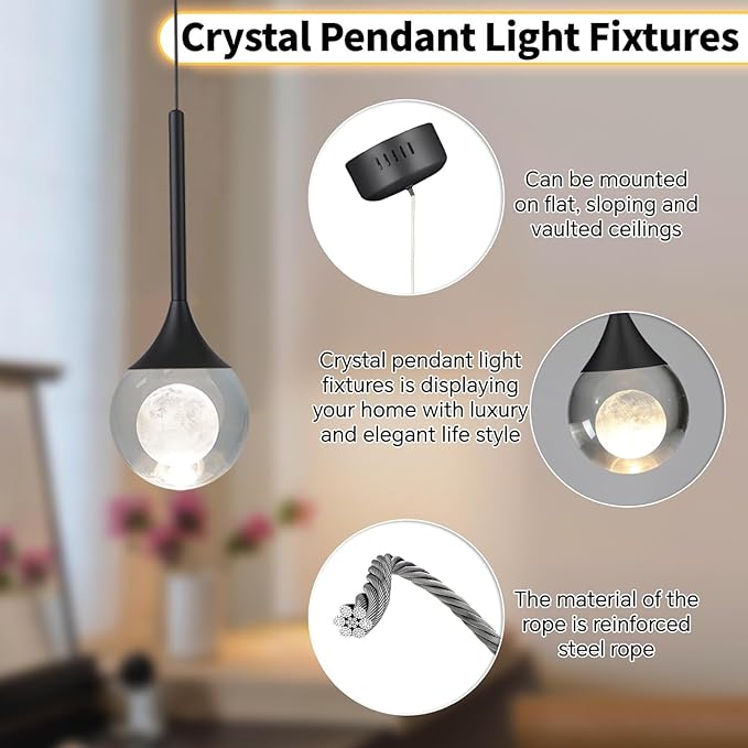 2 Pack Modern Crystal Moon Pendant Lights, Dimmable Natural White (3000K) LED Black Hanging Light Fixture for Kitchen Island, Dining Room, Bar, Bedroom