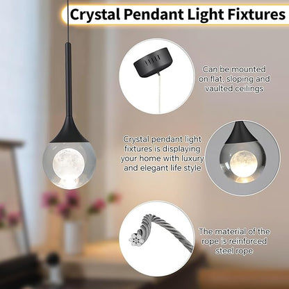2 Pack Modern Crystal Moon Pendant Lights, Dimmable Natural White (3000K) LED Black Hanging Light Fixture for Kitchen Island, Dining Room, Bar, Bedroom