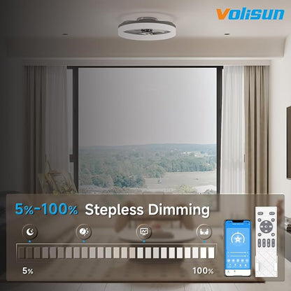 VOLISUN Low Profile Ceiling Fans with Lights and Remote, 19.7in Fandelier Ceiling Fan with Light, 3000K-6500K Dimmable Bladeless LED Fan Light, Black Flush Mount Ceiling Fans with Lights for Bedroom