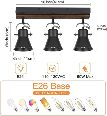 3-Light Kitchen Light Fixtures, Adjustable Ceiling/Wall Mount Spotlight, Industrial Black Track Lighting for Living Room, Dining Room, Hallway, Bathroom
