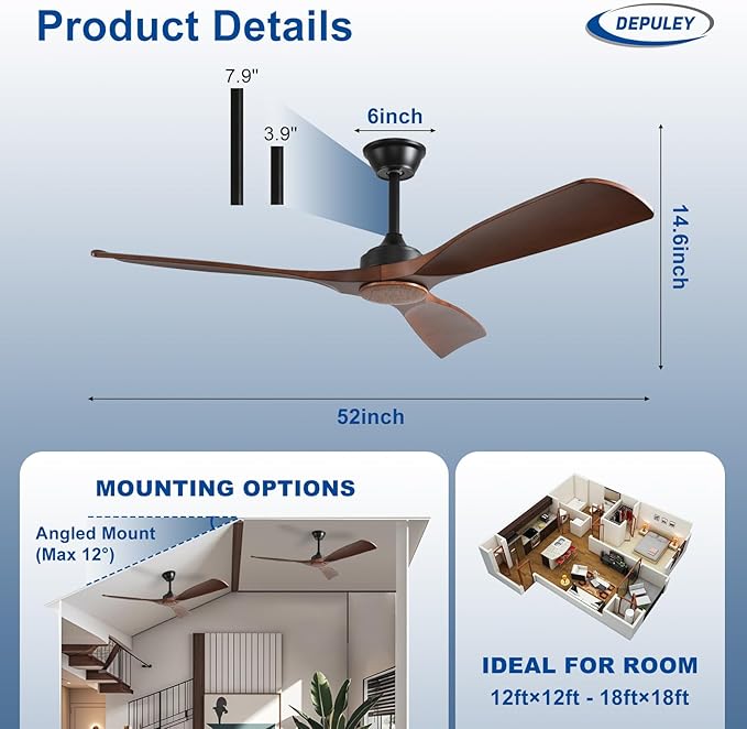Depuley Ceiling Fan Without Light: 52 Inch 3 Blade Outdoor Fans for Patios - Walnut Ceiling Fan No Light Indoor Remote Control Ultra Quiet DC Motor Reversible 6 Speed Timer