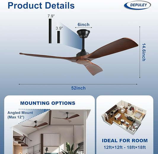 Depuley Ceiling Fan Without Light: 52 Inch 3 Blade Outdoor Fans for Patios - Walnut Ceiling Fan No Light Indoor Remote Control Ultra Quiet DC Motor Reversible 6 Speed Timer