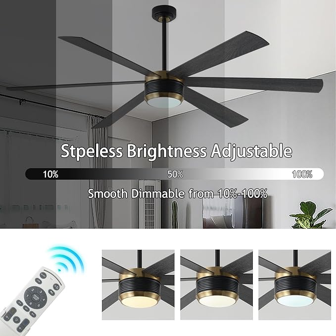 SHOWDI Ceiling Fan with Lights and Remote, 6 Blade App Control Timer Reversible Stepless Brightness and Color Temperature Outdoor Wood Ceiling Fan with Lights (Black-Gold, 72 Inch)