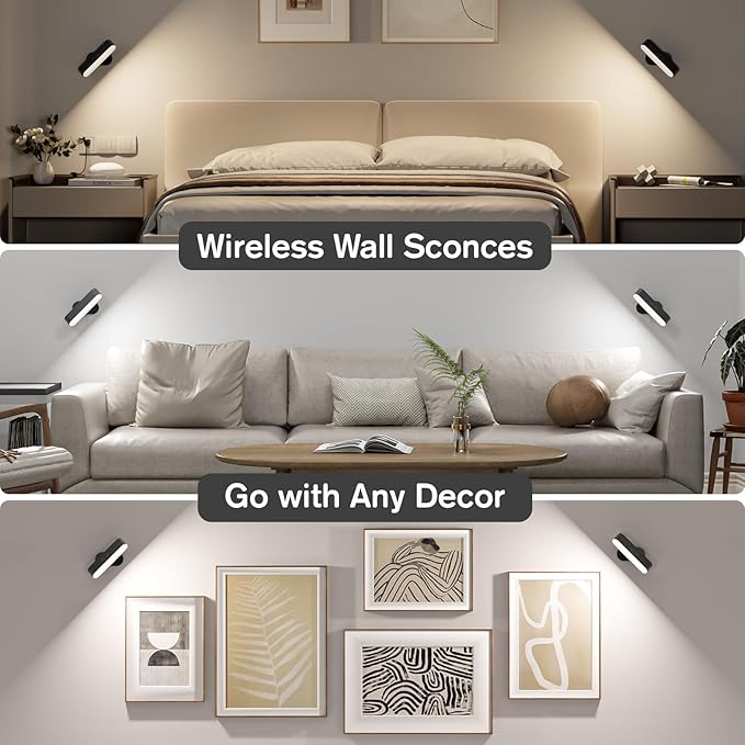 Hensam Wireless Battery Operated Wall Sconces for Bedroom, LED Rechargeable Wall Sconce Set of Two for Living Room, Stick on Wall Mounted Lamp for Reading, 2 Pack