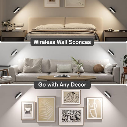 Hensam Wireless Battery Operated Wall Sconces for Bedroom, LED Rechargeable Wall Sconce Set of Two for Living Room, Stick on Wall Mounted Lamp for Reading, 2 Pack