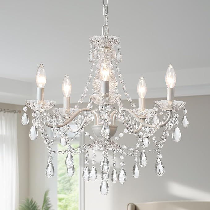 AMZASA Crystal White Chandelier, Ceramic White Hanging Pendant Light,Crystals Pendant and Glass Dish,5 Light Crystal Chandeliers for Ceiling Medallions,Wedding,Dining,Kitchen, Foyer,Mini
