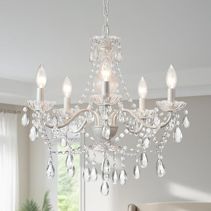 AMZASA Crystal White Chandelier, Ceramic White Hanging Pendant Light,Crystals Pendant and Glass Dish,5 Light Crystal Chandeliers for Ceiling Medallions,Wedding,Dining,Kitchen, Foyer,Mini