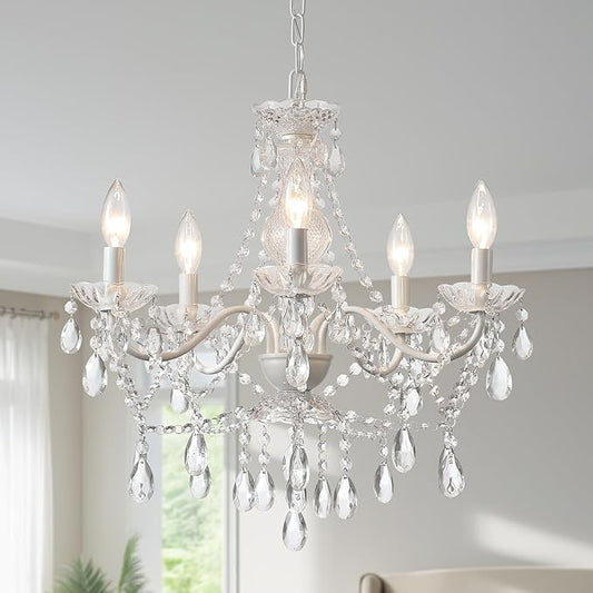 AMZASA Crystal White Chandelier, Ceramic White Hanging Pendant Light,Crystals Pendant and Glass Dish,5 Light Crystal Chandeliers for Ceiling Medallions,Wedding,Dining,Kitchen, Foyer,Mini