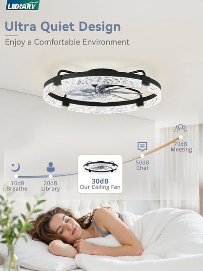 LEDIARY 24 Inch Low Profile Ceiling Fans with Lights and Remote, Flush Mount Fandelier Ceiling Fan, 3000K-6000K Dimmable LED Fan Light, Black Modern Ceiling Fans with Lights for Bedroom