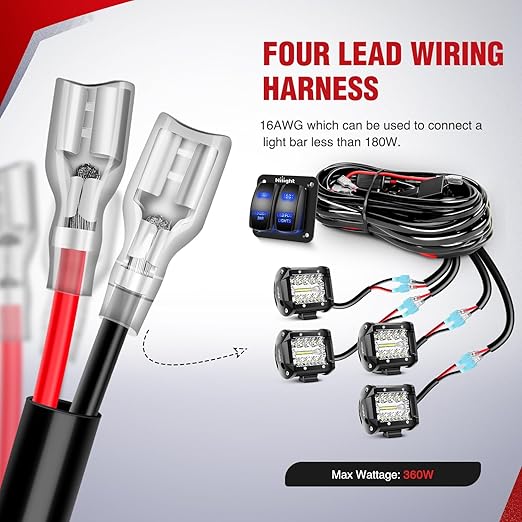 Nilight 16AWG LED Light Bar Wiring Harness Kit 12V On/Off 2 Gang Rocker Switch Panel Power Relay Blade Fuse 5Pin Toggle Switches for Cars Boat ATV Trucks-4 Leads